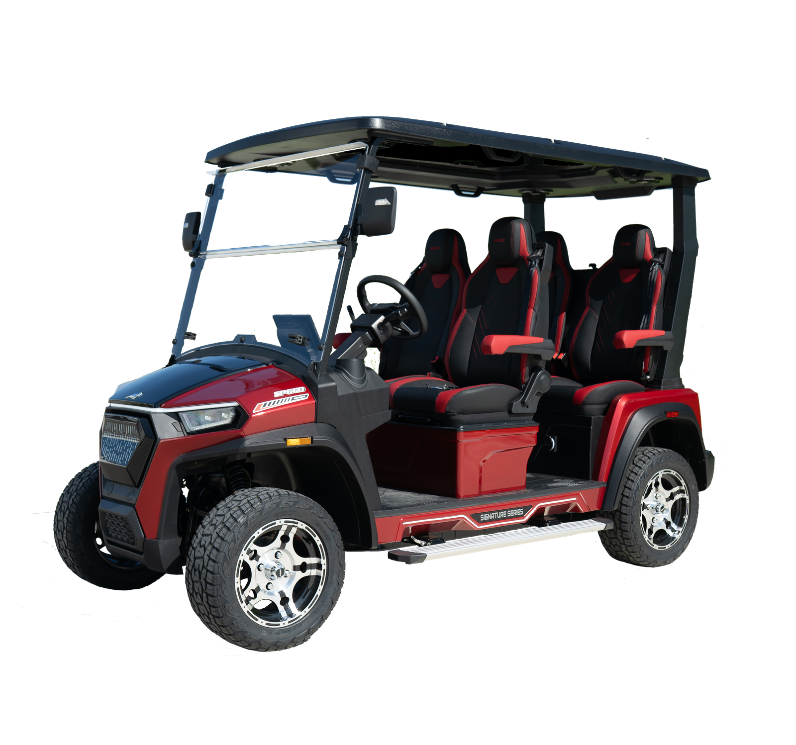 Aries Signature four-passenger electric vehicle in red