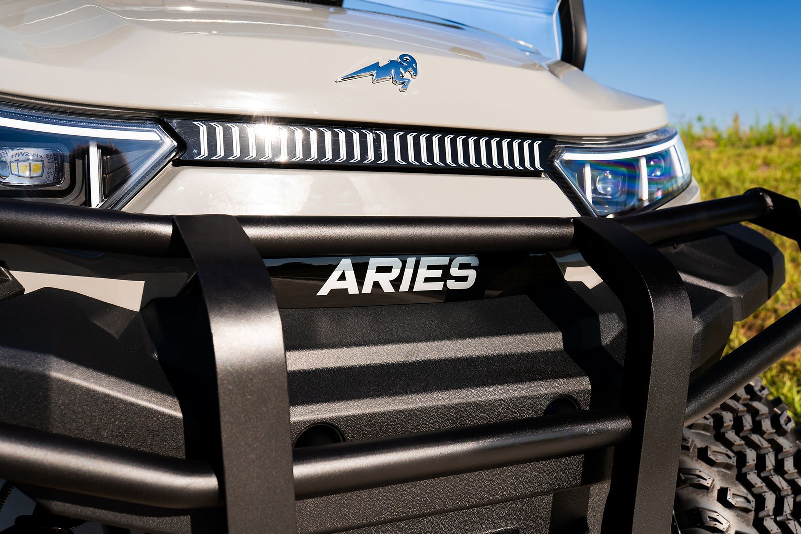Close-up of Aries EV front lighting and body design